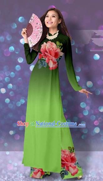 Traditional Top Grade Asian Vietnamese Costumes Classical Printing Cheongsam, Vietnam National Vietnamese Princess Grass Green Ao Dai Dress Dance Clothing