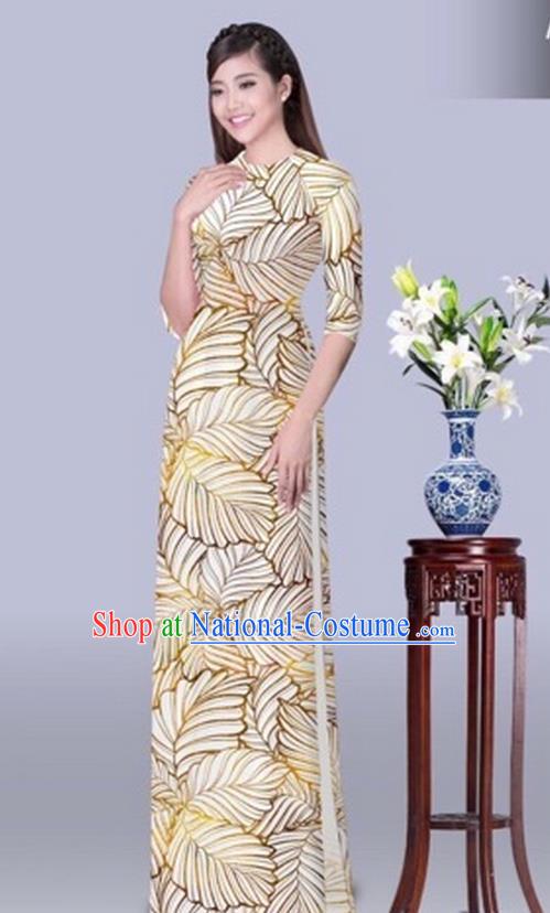 Traditional Top Grade Asian Vietnamese Costumes Classical Printing Leaf Cheongsam, Vietnam National Vietnamese Princess Bride Beige Ao Dai Dress Dance Clothing