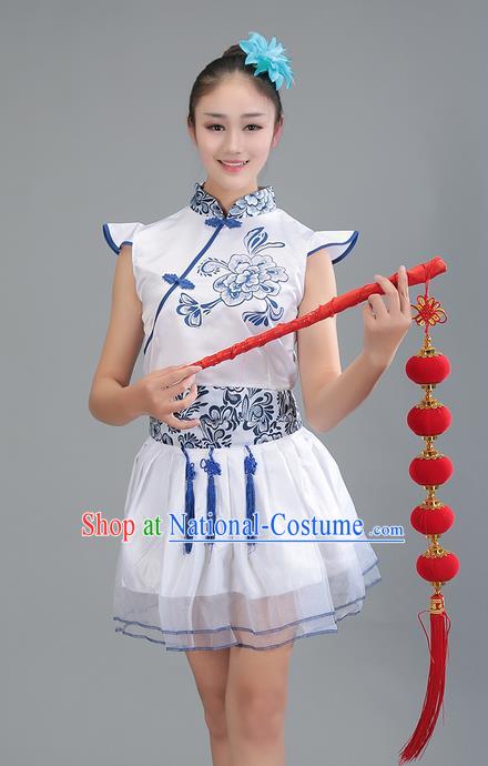 Top Grade Professional Compere Modern Dance Costume, Women Opening Dance Chorus Singing Group Uniforms Blue and White Porcelain Long Dress for Women