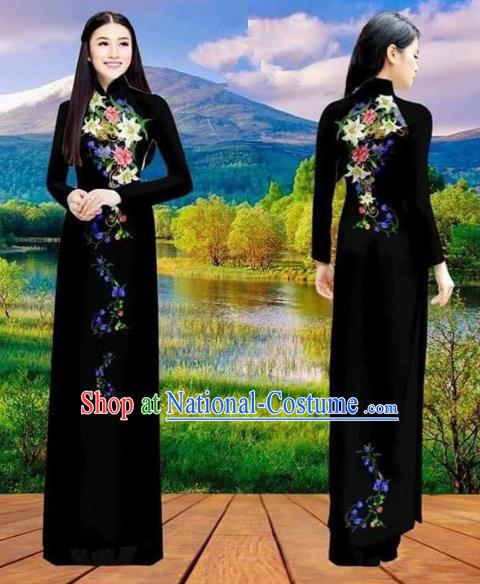 Traditional Top Grade Asian Vietnamese Costumes Classical Double-sided Printing Cheongsam, Vietnam National Vietnamese Princess Bride Black Ao Dai Dress Dance Clothing