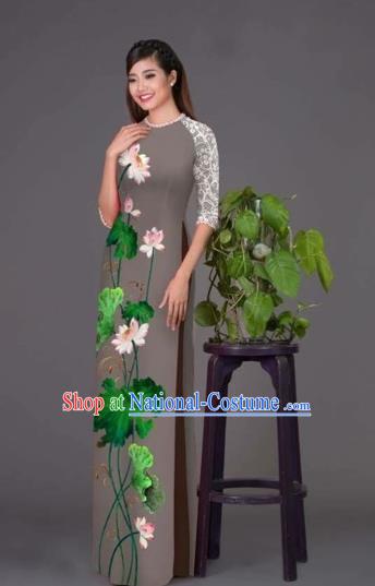 Traditional Top Grade Asian Vietnamese Costumes Classical Printing Lotus Grey Cheongsam, Vietnam National Vietnamese Princess Bride Korean Silk Ao Dai Dress