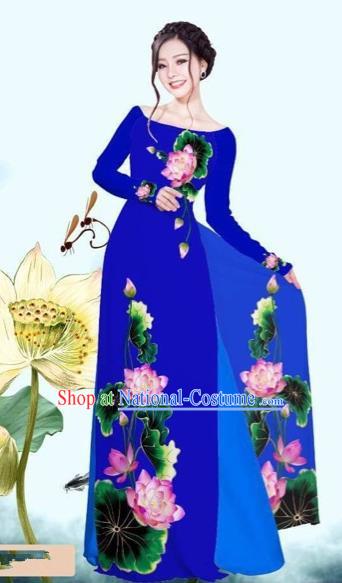 Traditional Top Grade Asian Vietnamese Costumes Classical Printing Lotus Royalblue Cheongsam, Vietnam National Vietnamese Princess Bride Off Shoulder Ao Dai Dress