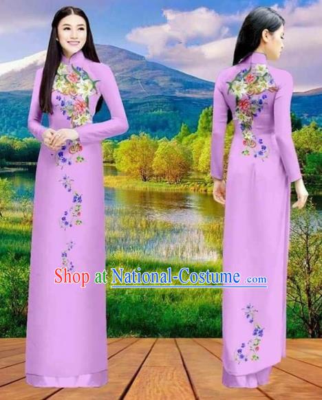 Traditional Top Grade Asian Vietnamese Costumes Classical Double-sided Printing Cheongsam, Vietnam National Vietnamese Princess Bride Purple Ao Dai Dress Dance Clothing