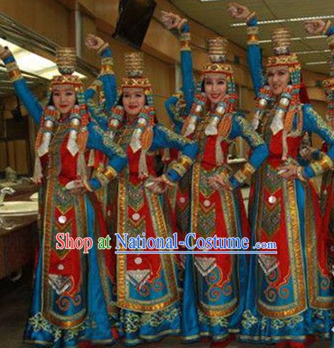 Traditional Chinese Mongol Nationality Dancing Costume, Mongols Female Folk Dance Ethnic Pleated Dress, Chinese Mongolian Minority Nationality Embroidery Clothing for Women