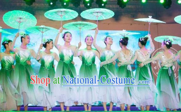 Traditional Chinese Modern Dancing Costume, Women Opening Classic Chorus Singing Group Dance Flowers Costume, Umbrella Dance Green Dress for Women