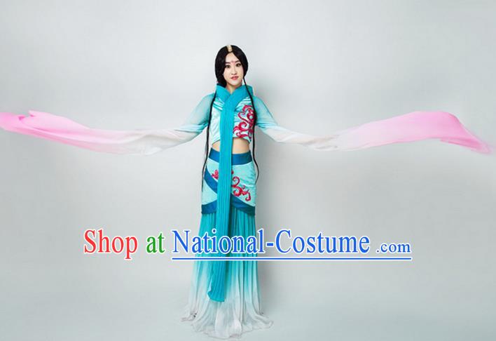 Traditional Chinese Ancient Princess Dance Costume, Women Flying Dance Water Sleeve Clothing, Umbrella Dance Blue Dress for Women