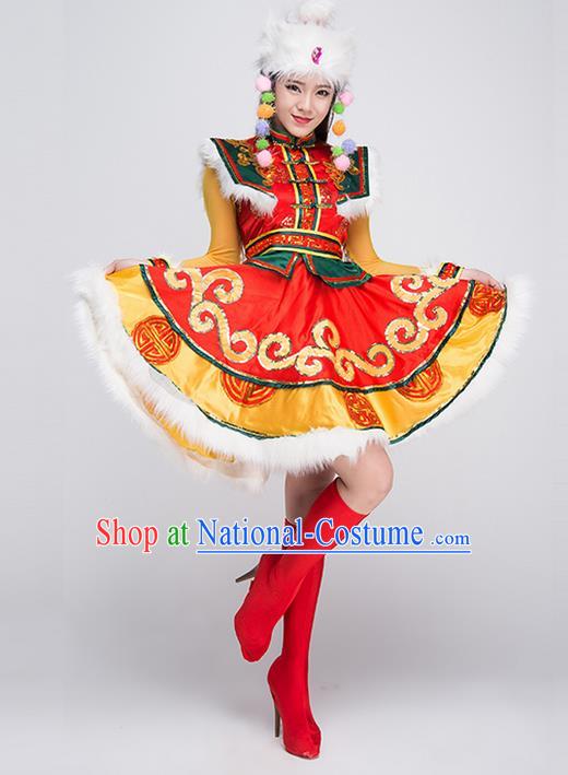 Traditional Chinese Mongol Nationality Dancing Costume, Mongols Female Ethnic Pleated Skirt, Chinese Mongolian Minority Nationality Embroidery Costume for Women