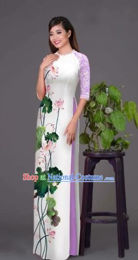 Traditional Top Grade Asian Vietnamese Costumes Classical Printing Lotus White Cheongsam, Vietnam National Vietnamese Princess Bride Korean Silk Ao Dai Dress