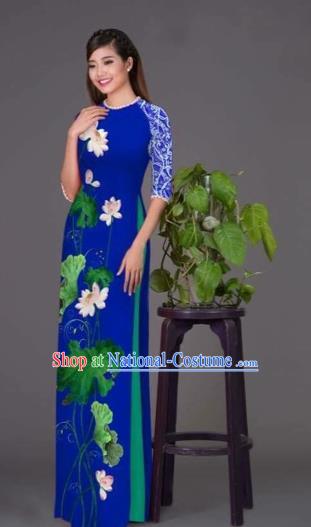 Traditional Top Grade Asian Vietnamese Costumes Classical Printing Lotus Royalblue Cheongsam, Vietnam National Vietnamese Princess Bride Korean Silk Ao Dai Dress