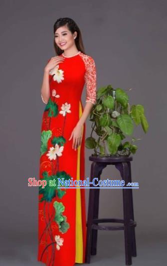 Traditional Top Grade Asian Vietnamese Costumes Classical Printing Lotus Red Cheongsam, Vietnam National Vietnamese Princess Bride Korean Silk Ao Dai Dress