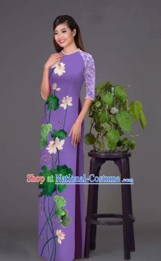 Traditional Top Grade Asian Vietnamese Costumes Classical Printing Lotus Purple Cheongsam, Vietnam National Vietnamese Princess Bride Korean Silk Ao Dai Dress