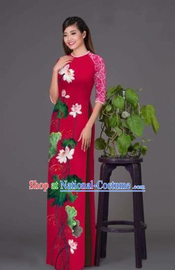 Traditional Top Grade Asian Vietnamese Costumes Classical Printing Lotus Wine Red Cheongsam, Vietnam National Vietnamese Princess Bride Korean Silk Ao Dai Dress