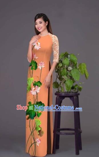 Traditional Top Grade Asian Vietnamese Costumes Classical Printing Lotus Orange Cheongsam, Vietnam National Vietnamese Princess Bride Korean Silk Ao Dai Dress