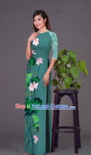 Traditional Top Grade Asian Vietnamese Costumes Classical Printing Lotus Peacock Green Cheongsam, Vietnam National Vietnamese Princess Bride Korean Silk Ao Dai Dress