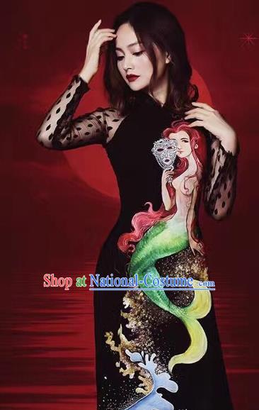 Traditional Top Grade Asian Vietnamese Costumes Classical Hand Painting Mermaid Cheongsam, Vietnam National Vietnamese Princess Bride Ao Dai Dress