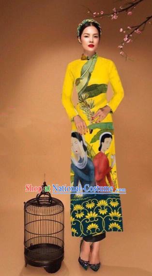 Traditional Top Grade Asian Vietnamese Costumes Classical Printing Cheongsam, Vietnam National Vietnamese Bride Yellow Ao Dai Dress Tang Suit Clothing