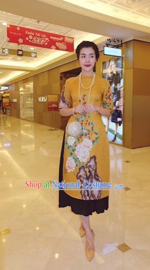 Traditional Top Grade Asian Vietnamese Costumes Classical Printing Cheongsam, Vietnam National Vietnamese Princess Bride Ao Dai Dress