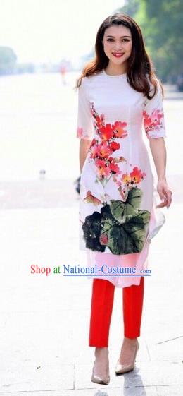 Traditional Top Grade Asian Vietnamese Costumes Classical Printing Cheongsam, Vietnam National Vietnamese Princess Bride White Ao Dai Dress