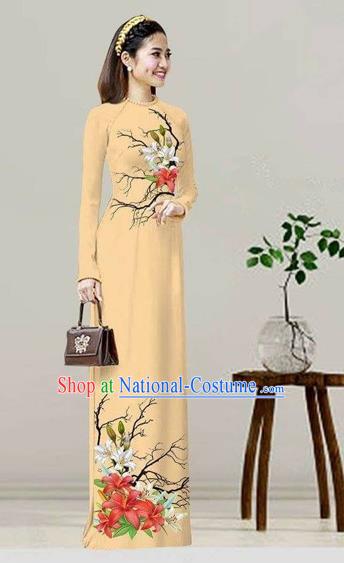 Traditional Top Grade Asian Vietnamese Costumes Classical Printing Khaki Cheongsam, Vietnam National Vietnamese Bride Ao Dai Dress