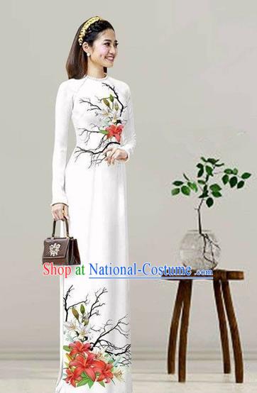 Traditional Top Grade Asian Vietnamese Costumes Classical Printing White Cheongsam, Vietnam National Vietnamese Bride Ao Dai Dress