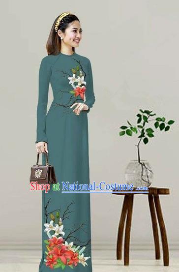 Traditional Top Grade Asian Vietnamese Costumes Classical Printing Olive Green Cheongsam, Vietnam National Vietnamese Bride Ao Dai Dress