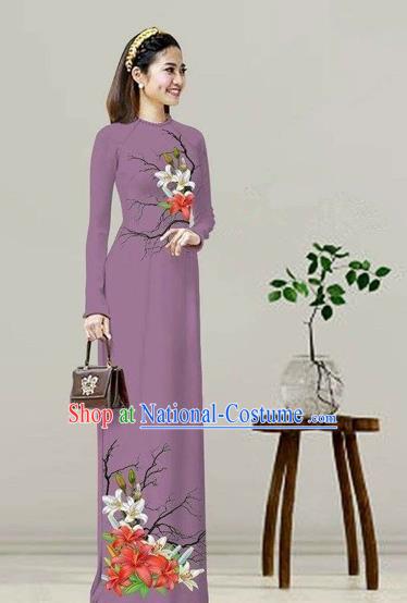 Traditional Top Grade Asian Vietnamese Costumes Classical Printing Purple Cheongsam, Vietnam National Vietnamese Bride Ao Dai Dress