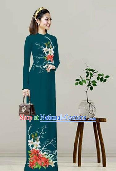 Traditional Top Grade Asian Vietnamese Costumes Classical Printing Peacock Green Cheongsam, Vietnam National Vietnamese Bride Ao Dai Dress