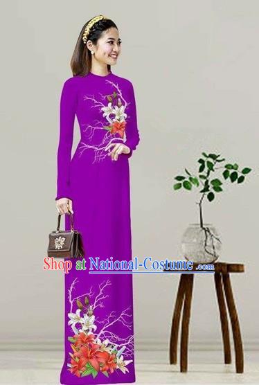 Traditional Top Grade Asian Vietnamese Costumes Classical Printing Purple Cheongsam, Vietnam National Vietnamese Bride Ao Dai Dress