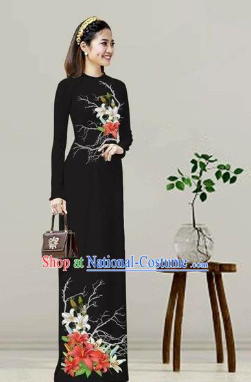 Traditional Top Grade Asian Vietnamese Costumes Classical Printing Black Cheongsam, Vietnam National Vietnamese Bride Ao Dai Dress