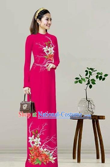 Traditional Top Grade Asian Vietnamese Costumes Classical Printing Rosy Cheongsam, Vietnam National Vietnamese Bride Ao Dai Dress