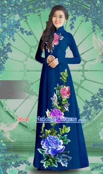 Traditional Top Grade Asian Vietnamese Costumes Classical Printing Navy Chiffon Cheongsam, Vietnam National Vietnamese Bride Ao Dai Dress