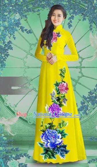 Traditional Top Grade Asian Vietnamese Costumes Classical Printing Yellow Chiffon Cheongsam, Vietnam National Vietnamese Bride Ao Dai Dress