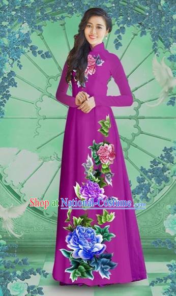 Traditional Top Grade Asian Vietnamese Costumes Classical Printing Purple Chiffon Cheongsam, Vietnam National Vietnamese Bride Ao Dai Dress