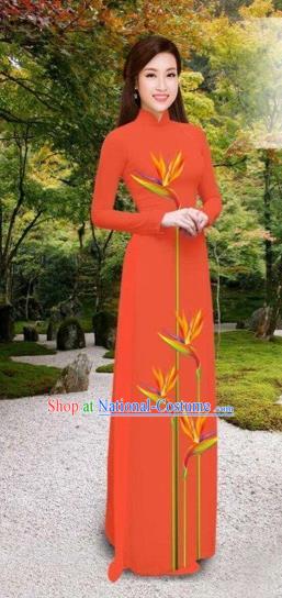 Traditional Top Grade Asian Vietnamese Costumes Classical Printing Long Cheongsam, Vietnam National Vietnamese Princess Bride Orange Ao Dai Dress