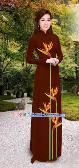 Traditional Top Grade Asian Vietnamese Costumes Classical Printing Long Cheongsam, Vietnam National Vietnamese Princess Bride Wine Red Ao Dai Dress