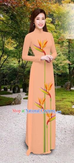 Traditional Top Grade Asian Vietnamese Costumes Classical Printing Long Cheongsam, Vietnam National Vietnamese Princess Bride Pink Ao Dai Dress