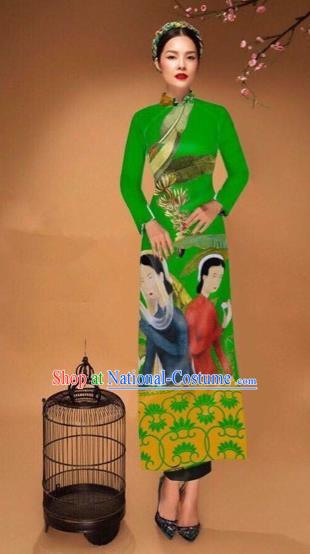 Traditional Top Grade Asian Vietnamese Costumes Classical Printing Cheongsam, Vietnam National Vietnamese Bride Green Ao Dai Dress Tang Suit Clothing