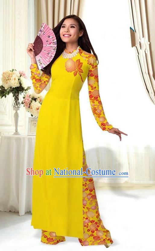 Top Grade Asian Vietnamese Costumes Classical Jing Nationality Printing Flower Yellow Cheongsam, Vietnam National Vietnamese Traditional Princess Ao Dai Dress