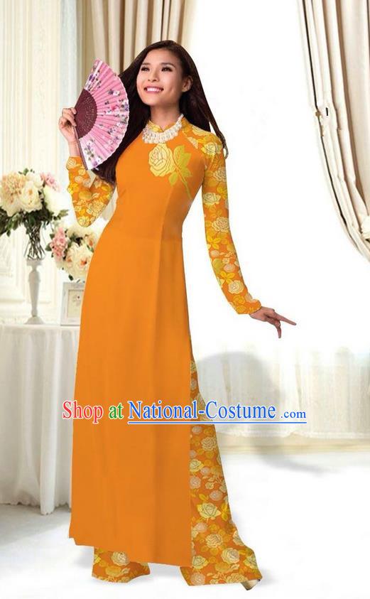 Top Grade Asian Vietnamese Costumes Classical Jing Nationality Printing Flower Ginger Cheongsam, Vietnam National Vietnamese Traditional Princess Ao Dai Dress