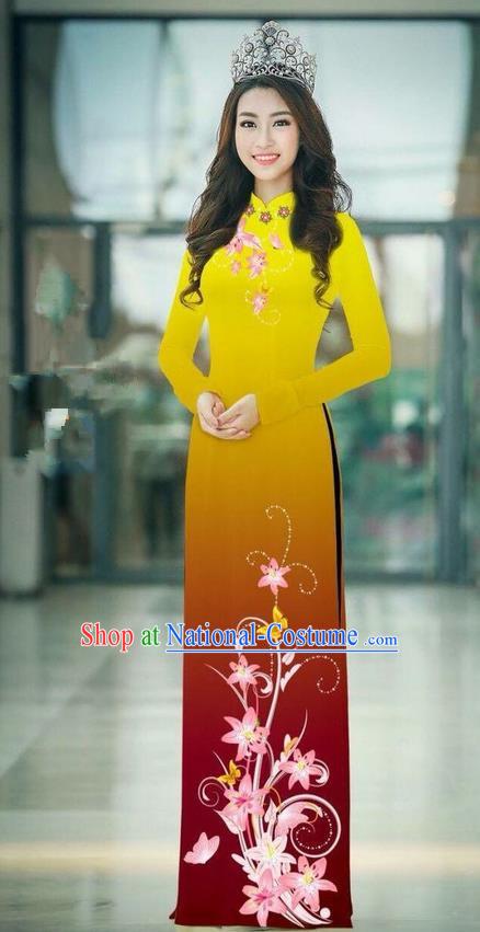 Top Grade Asian Vietnamese Costumes Classical Jing Nationality Printing Handmade Yellow Cheongsam, Vietnam National Vietnamese Traditional Princess Ao Dai Dress