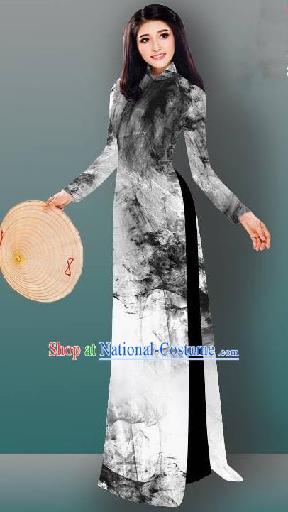 Top Grade Asian Vietnamese Costumes Classical Jing Nationality Gradient Watercolor Printing Cheongsam, Vietnam National Vietnamese Traditional Princess Ao Dai Dress for Women