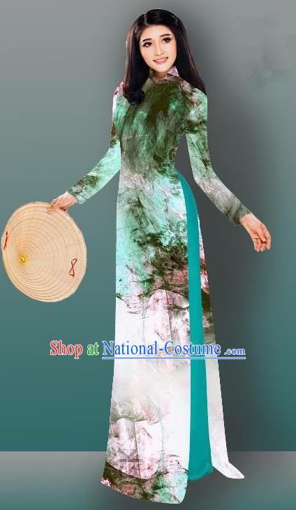 Top Grade Asian Vietnamese Costumes Classical Jing Nationality Gradient Watercolor Printing Light Green Cheongsam, Vietnam National Vietnamese Traditional Princess Ao Dai Dress