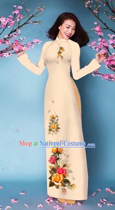 Top Grade Asian Vietnamese Costumes Classical Jing Nationality Printing Handmade Beige Cheongsam, Vietnam National Vietnamese Bride Traditional Princess Ao Dai Dress