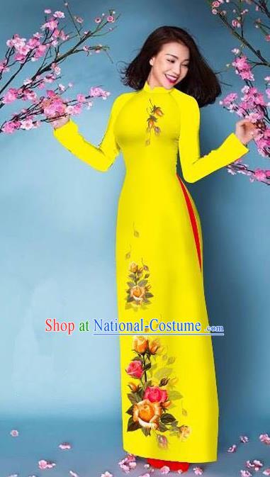 Top Grade Asian Vietnamese Costumes Classical Jing Nationality Printing Handmade Yellow Cheongsam, Vietnam National Vietnamese Bride Traditional Princess Ao Dai Dress