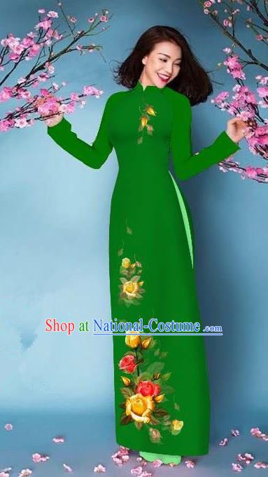 Top Grade Asian Vietnamese Costumes Classical Jing Nationality Printing Handmade Green Cheongsam, Vietnam National Vietnamese Bride Traditional Princess Ao Dai Dress