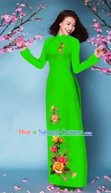 Top Grade Asian Vietnamese Costumes Classical Jing Nationality Printing Handmade Light Green Cheongsam, Vietnam National Vietnamese Bride Traditional Princess Ao Dai Dress