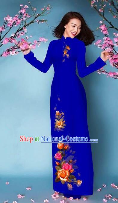 Top Grade Asian Vietnamese Costumes Classical Jing Nationality Printing Handmade Royalblue Cheongsam, Vietnam National Vietnamese Bride Traditional Princess Ao Dai Dress