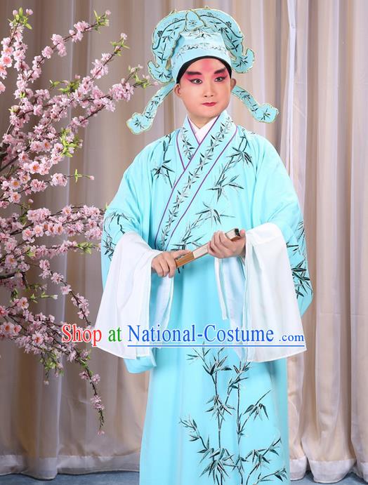 Traditional Chinese Beijing Opera Blue Dress Clothing, China Peking Opera Young Man Costume Embroidered Bamboo Leaf Robe Opera Costumes