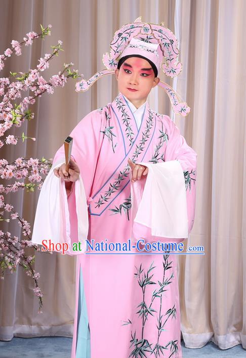 Traditional Chinese Beijing Opera Pink Dress Clothing, China Peking Opera Young Man Costume Embroidered Bamboo Leaf Robe Opera Costumes