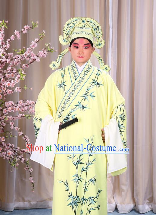 Traditional Chinese Beijing Opera Yellow Dress Clothing, China Peking Opera Young Man Costume Embroidered Bamboo Leaf Robe Opera Costumes